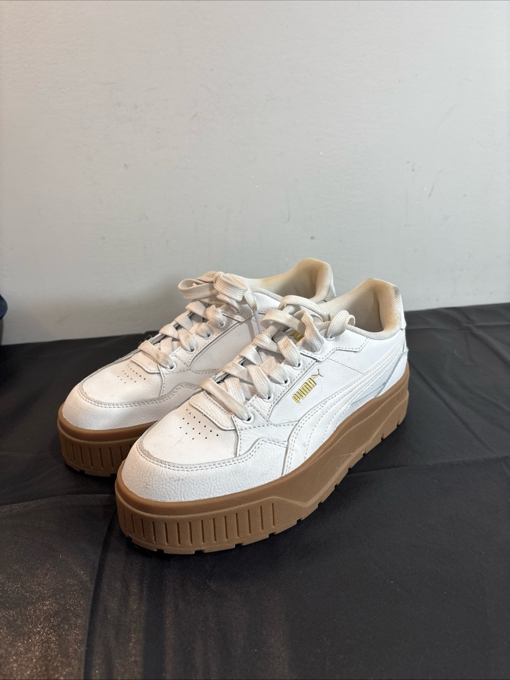 Puma Platform Sneakers in White with Gum Sole. 9/19